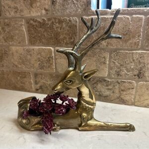 Vintage Solid Brass Reindeer Holder Statue Heavy 10" Figurine RARE VGC